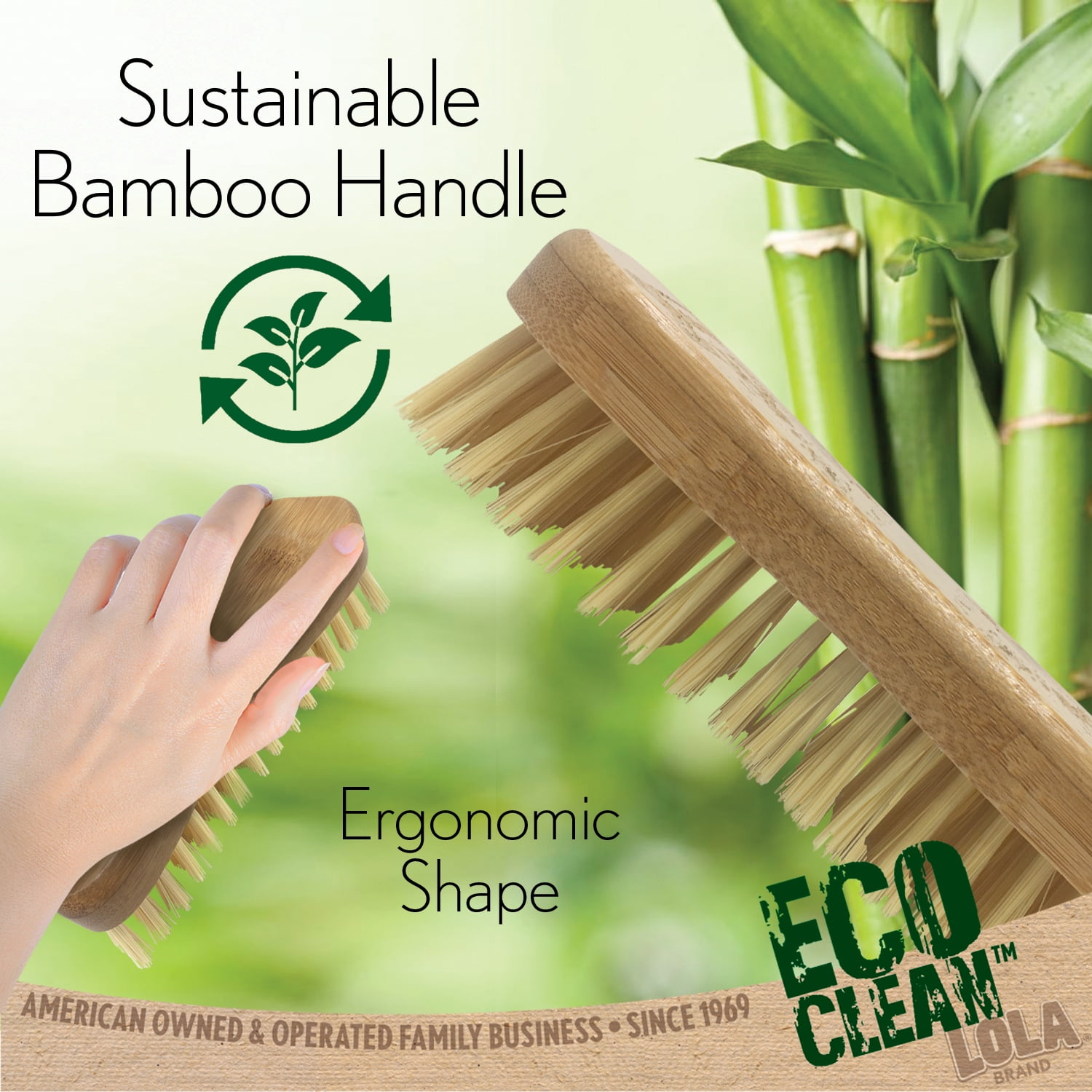 LOLA Eco-Clean Bamboo Scrub Brush W/ Bamboo Handle, Poly Fiber Bristles - 6 Pack