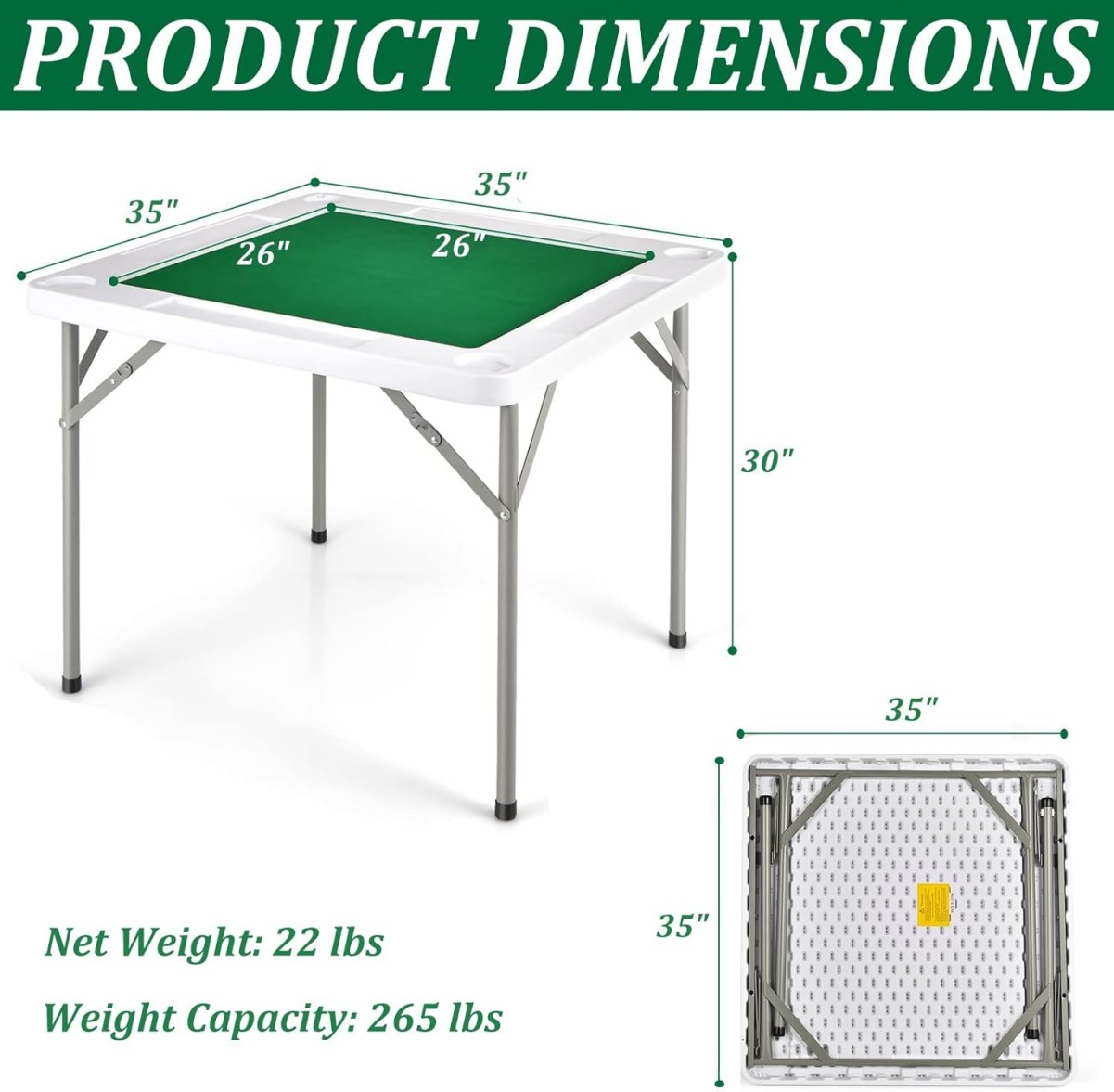 WSYW Mahjong Table with Folding Legs, 35.4x 35.4 Square Domino Game Table, Portable 4 Player Board Game Table with Cup Holders, Chip Grooves and Green Table Felt, White