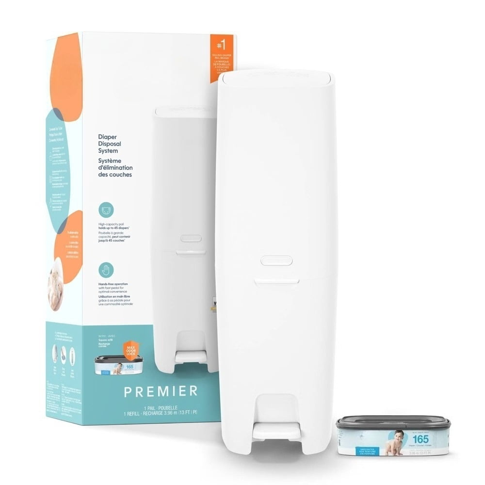 Diaper Pail with Starter Refill, Holds 45 Diapers, Foot Pedal, Odor Control