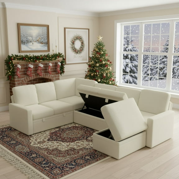 Gewnee 6-Seater Beige L-Shaped Convertible Sofa - Soft-Touch Corduroy Fabric,Multifunctional Storage, for Living Rooms & Halls(including 1 footstool)