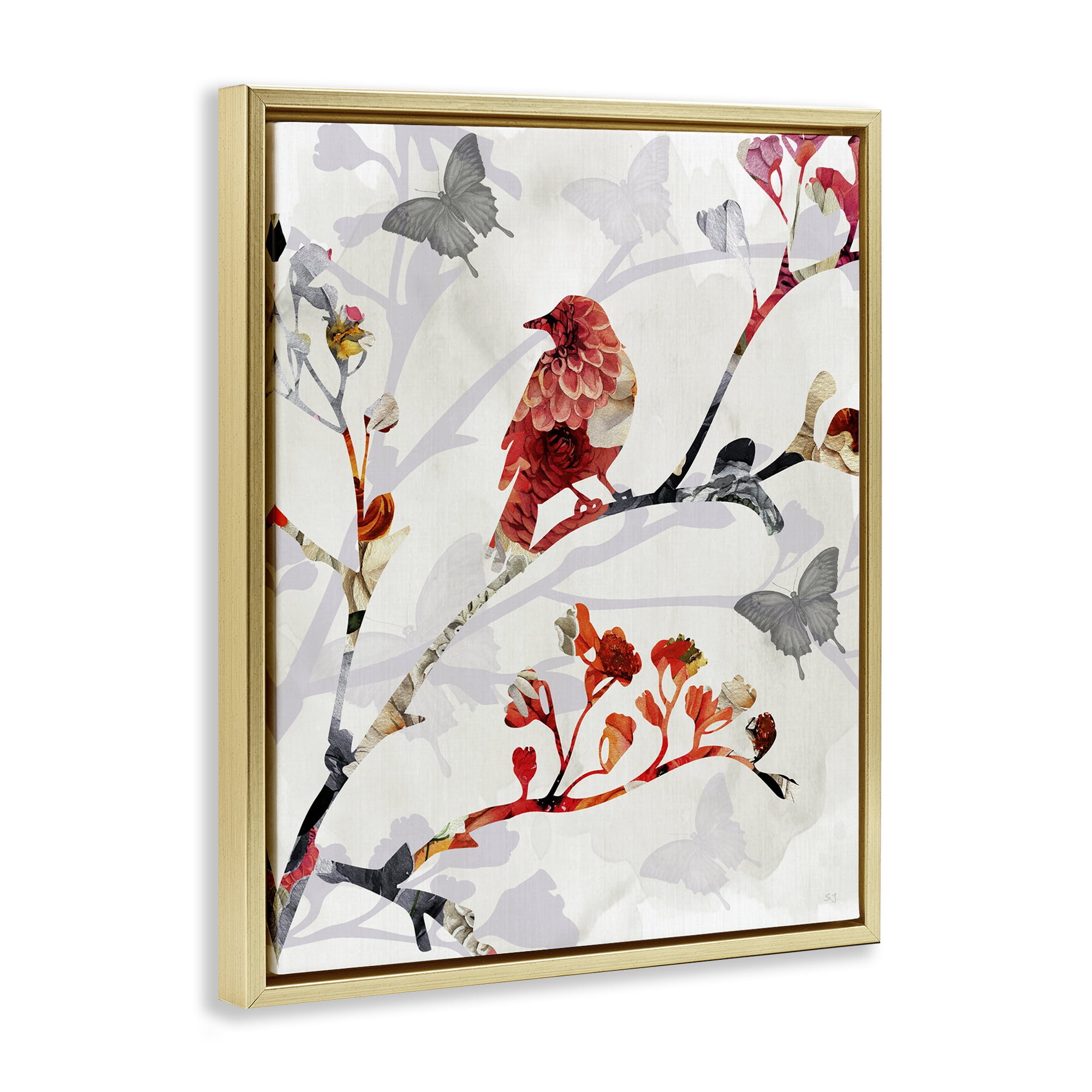 Stupell Industries Patterned Birds on Branches Landscape & Nature Painting Gold Floater Framed Canvas Art Print Wall Art, 17 x 21
