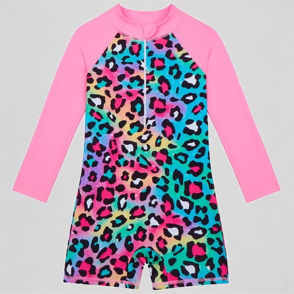 REDARER Girls' Long-Sleeve Rash Guard Swimsuit – Rainbow Leopard Print, UPF 50 Zipper Beach Swimwear,5-6 Years