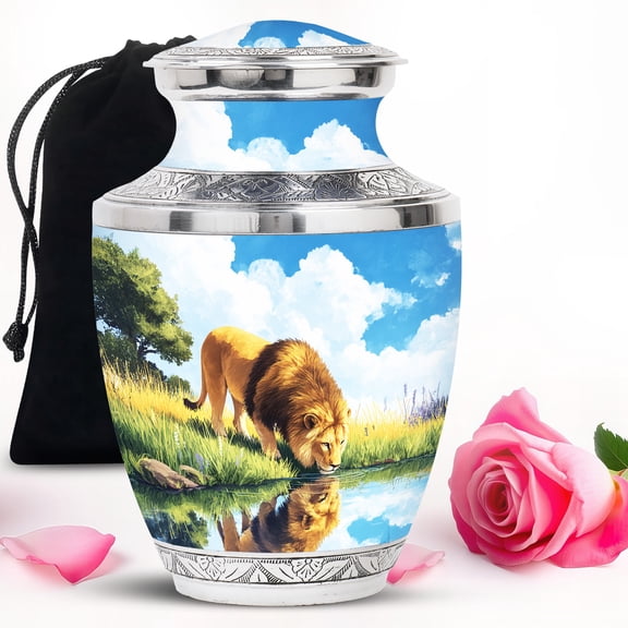 Observing Lion Urns For Human Ashes Adult Mom & Dad - Large Funeral Urn For Ashes Male - Handmade Decorative Gifts For Memorial 10Inch To 200 Cubic Inches Capacity Include Velvet Bag
