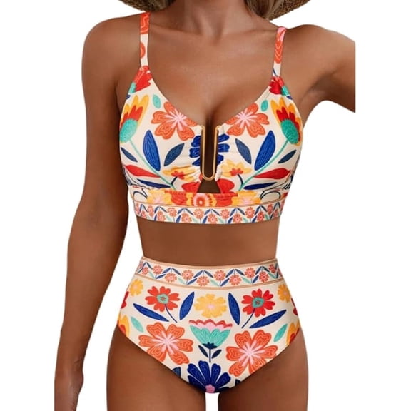 UZMOG Bikini Sets for Women, High Waisted U Wire Swimsuit for Women Floral Print Crisscross Back Bathing Suit