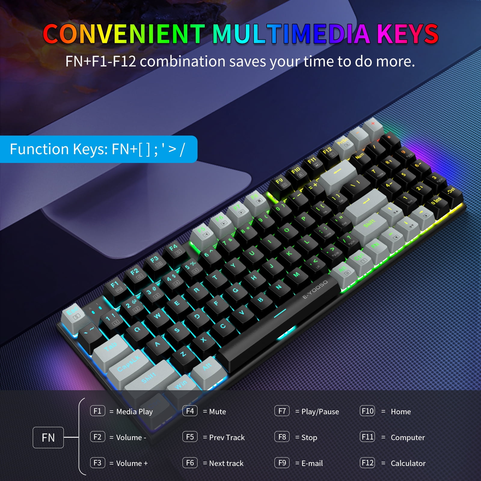 E-YOOSO Z-19 Mechanical Gaming Keyboard with Number Pad, True RGB Backlit, Hot Swappable Blue Switches, Pro Software Supported, Wired Compact 94 Keys for PC/Computer/Laptop, Black Grey
