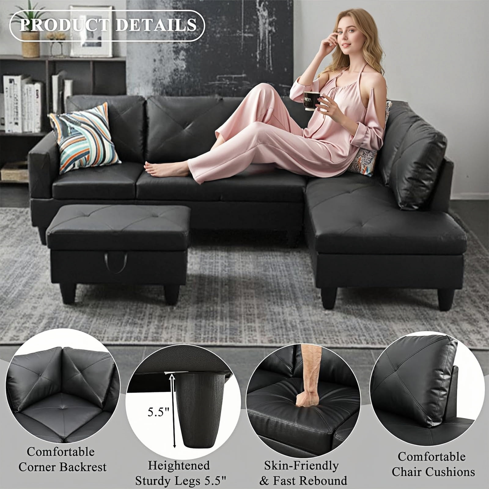 Aisword Sectional Sofa Couch, 97" L-Shaped Living Room Sets with Movable Ottoman & Right Facing Chaise Lounge, Faux Leather, Black