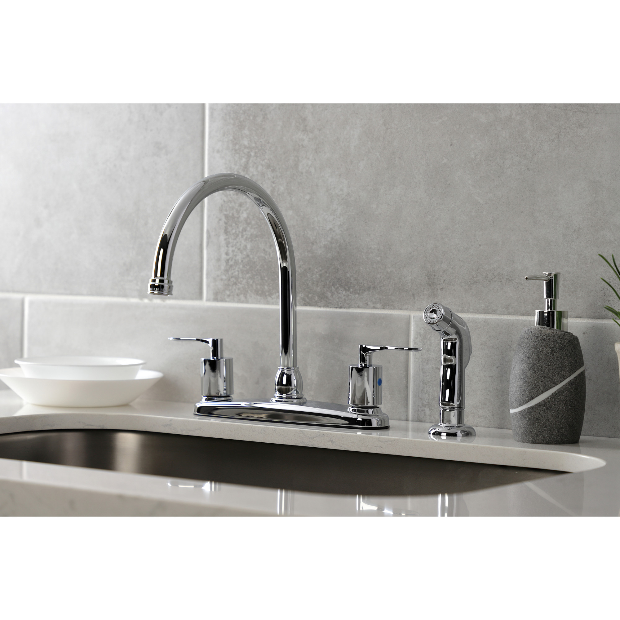 Kingston FB791SVLSP Serena Two-Handle 4-Hole 8" Centerset Kitchen Faucet with Side Sprayer in Polished Chrome