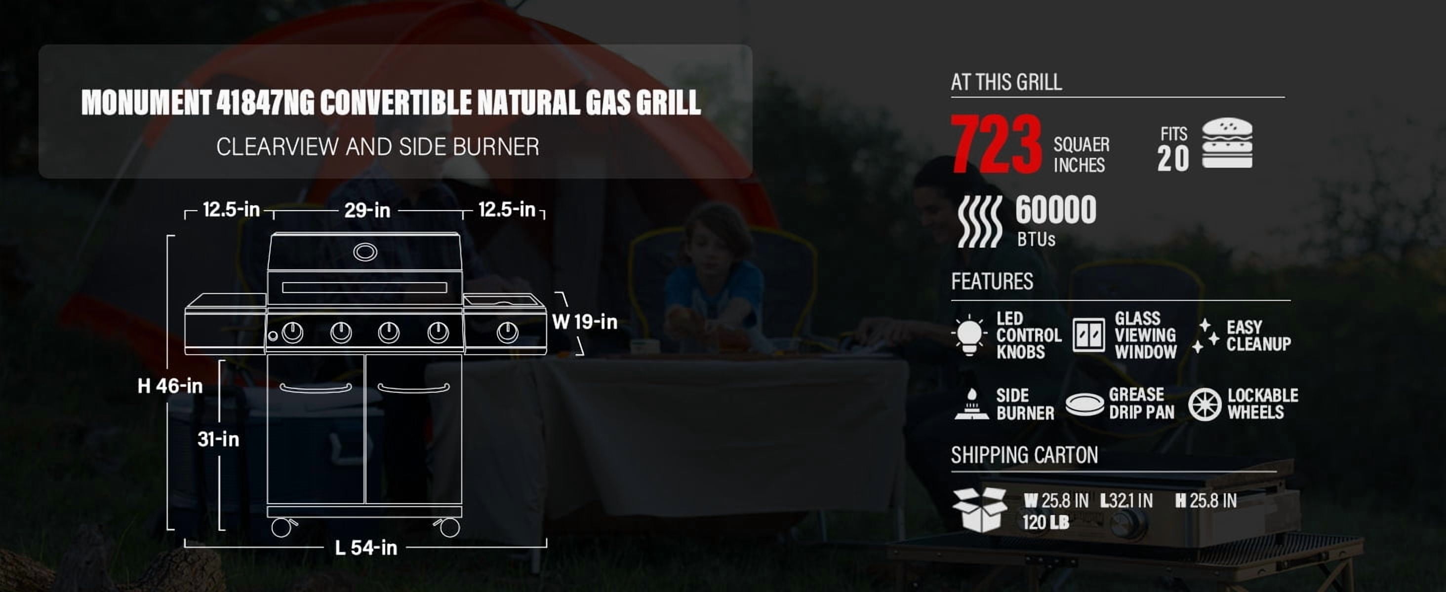 Monument Grills 4-Burner Natural Gas Grill in Stainless with Clear View Lid, LED Controls, Grill Cover, and Side Burner
