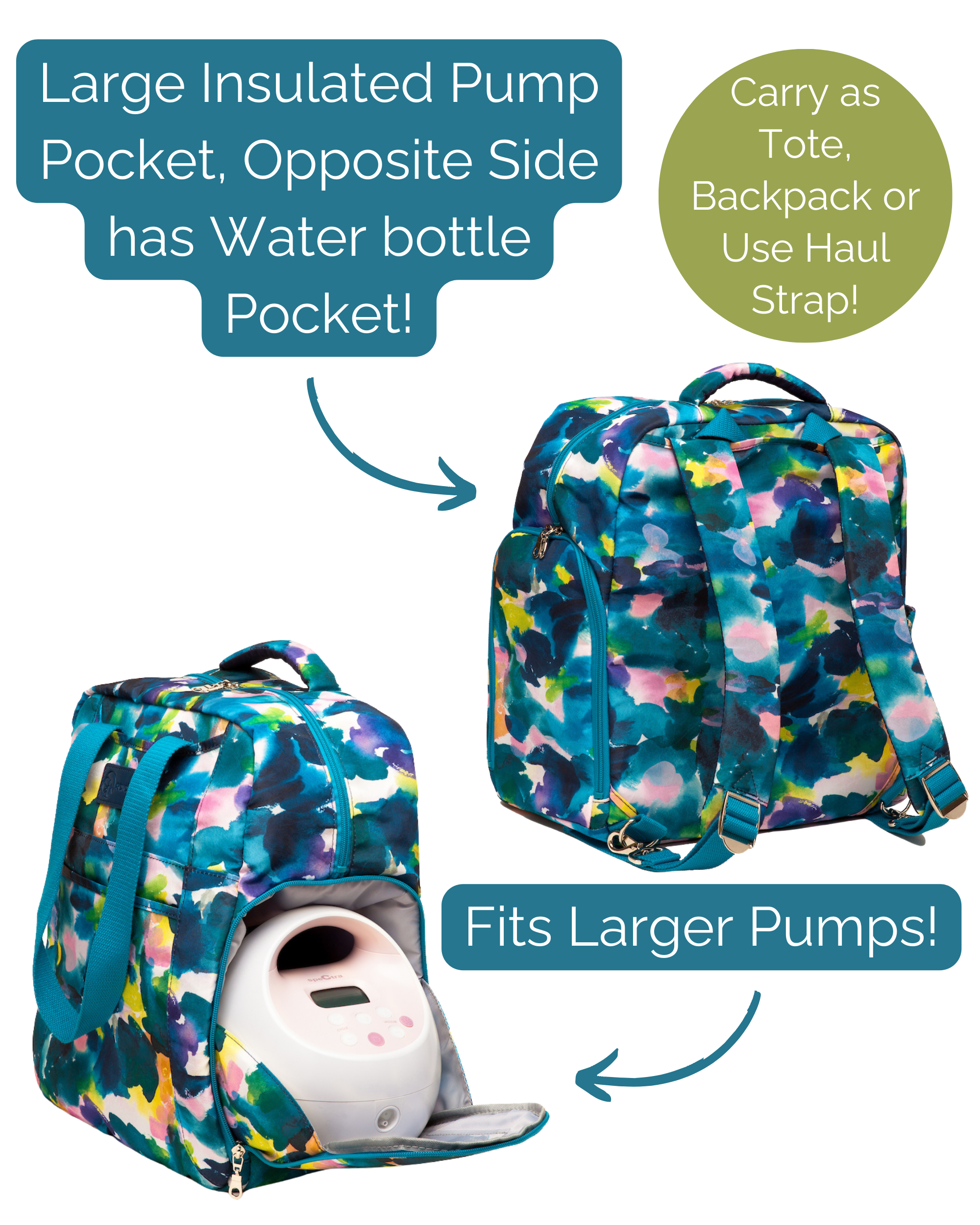 Sarah Wells Kelly Breast Pump Backpack & Tote - Insulated Pocket, Laptop Sleeve & Easy-Clean Design, Fits All Pumps, Diaper Bag for Moms (Aquarelle)