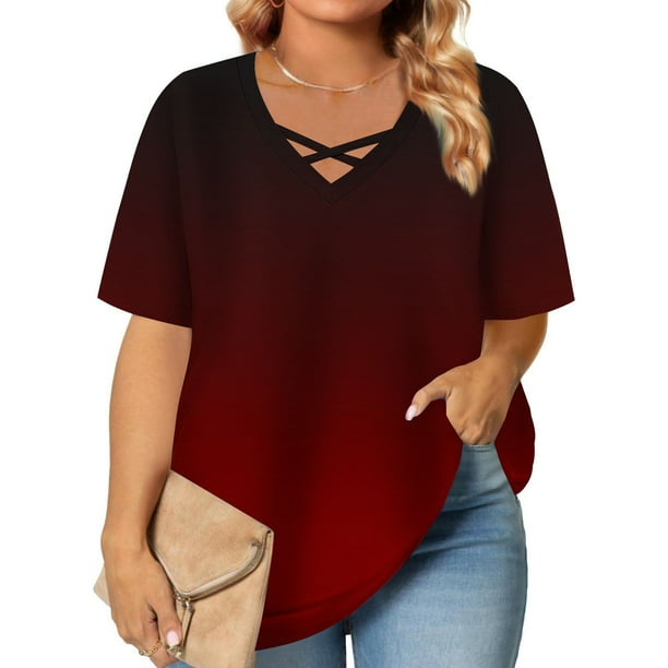 mfyjkho Tops De Gimnasio Para Mujer, Blusas De Verano Con Cuello En V Y Manga Corta Para Mujer, Tallas Grandes, Estampadas Tops De Tallas Grandes Xxxxxl
