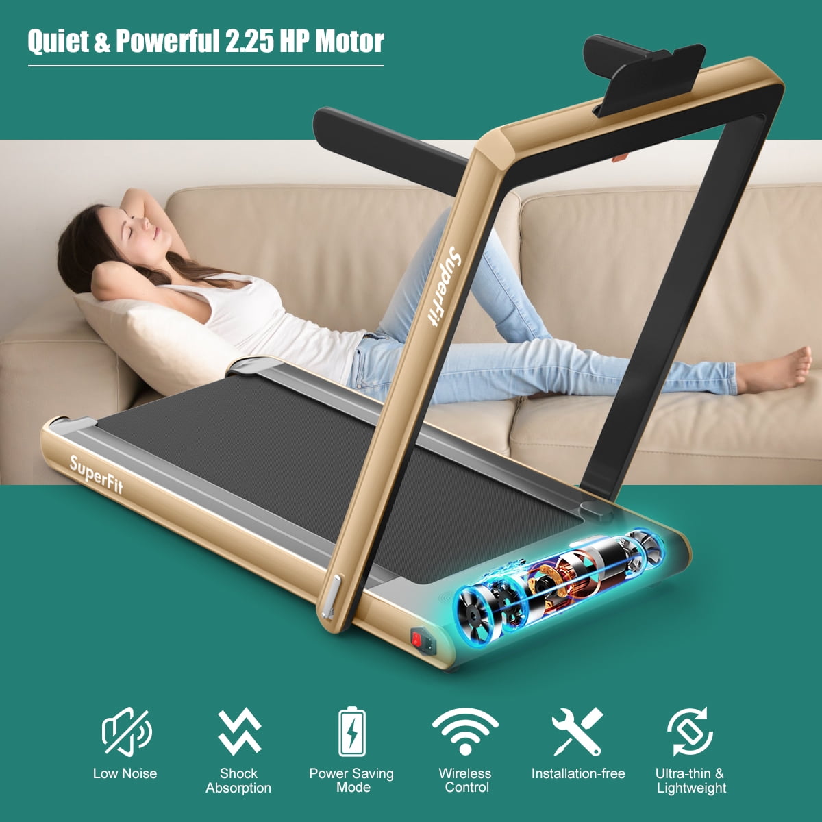 Gymax 2 in 1 Folding Treadmill 2.25HP Running Machine w/ Dual Display Gold