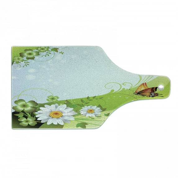 Nature Cutting Board, Abstract Springtime Design Blooming Flowers and Colorful Butterfly, Decorative Tempered Glass Cutting and Serving Board, in 3 Sizes, by Ambesonne