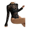 thumbnail image 6 of Women Sheer Mesh Bodysuit Long Sleeve Round Neck Floral One Piece See Through Bodycon Bodysuit Top Leotard Clubwear (Black, M), 6 of 9
