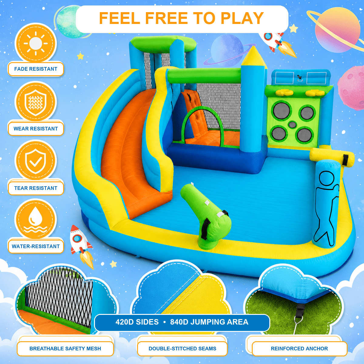 7-in-1 Inflatable Bounce House with Water Slide & 480W Blower, Kids Bouncy Castle with Climbing Wall, Water Gun, Splash Pool, Jumping Area & Basketball Hoop for Indoor and Outdoor Backyard Use