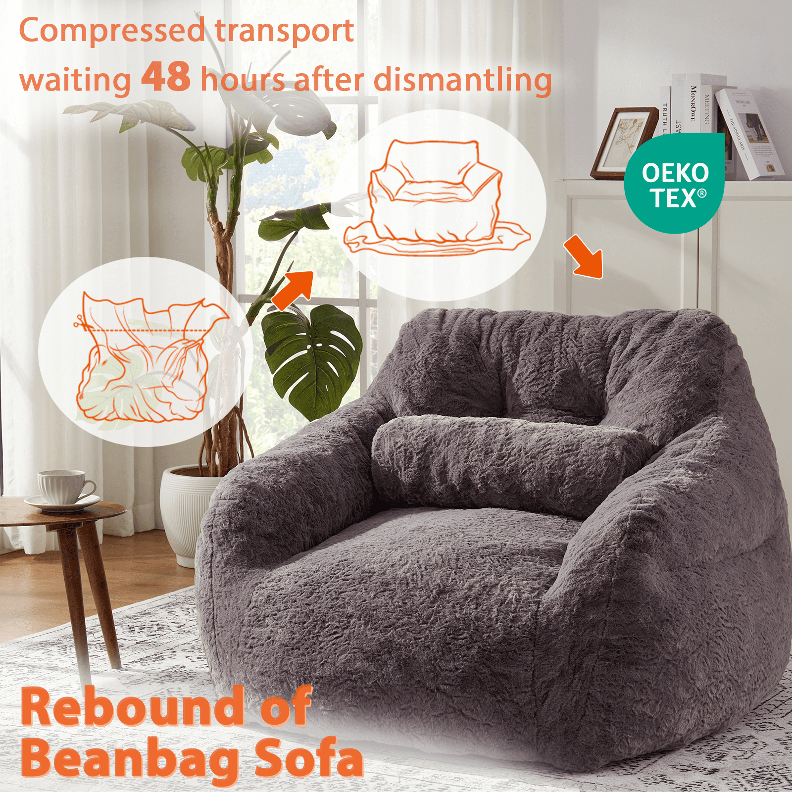 Ebenchico 3.8ft Oversized Bean Bag Chair for Adults Teens Kids, Beanbag Chairs with Pillow, Reading Gaming Relaxing Chair, Dark Gray