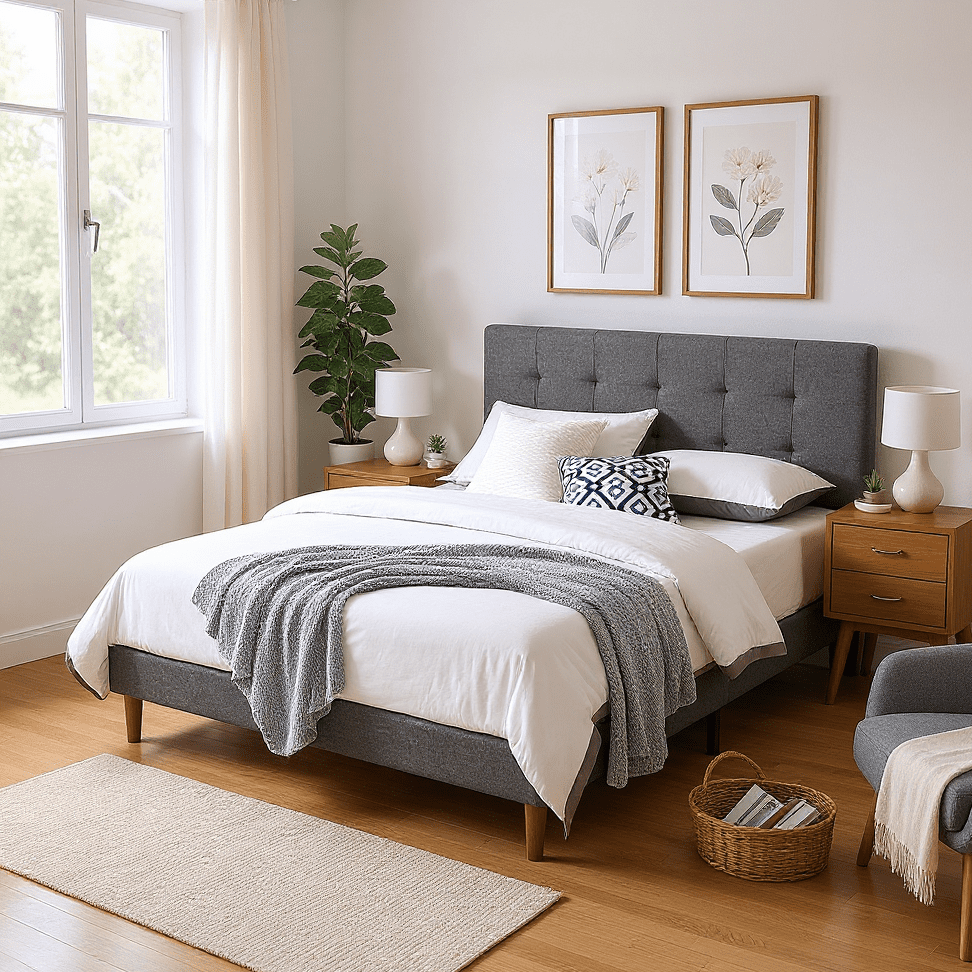 Gewnee King Size Bed Frame with Upholstered Adjustable Headboard,Linen Platform Bed with Wood Slats Support,No Box Spring Needed.Gray