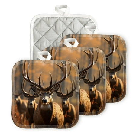 

BaHomeck Pot Holders 4pcs dacron Made Square heat-resisting mat Machine Washable for Kitchen Oven Hot Pads 6.7inch*6.7inch Group Of Majestic Deer With Impressive Antlers Standing In Autumn Forest