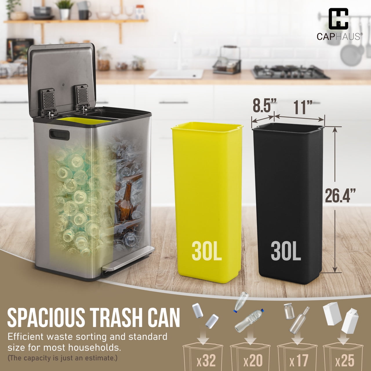 CAPHAUS Black Dual Trash Can w/ Single Lid, Trash & Recycle Bins Combo, Hands-free Stainless-Steel Garbage Can for Kitchen, with 2 Compartment, Hinged Lid, Odor Filters, Handles, 30L+30L, 2 x 8 Gal