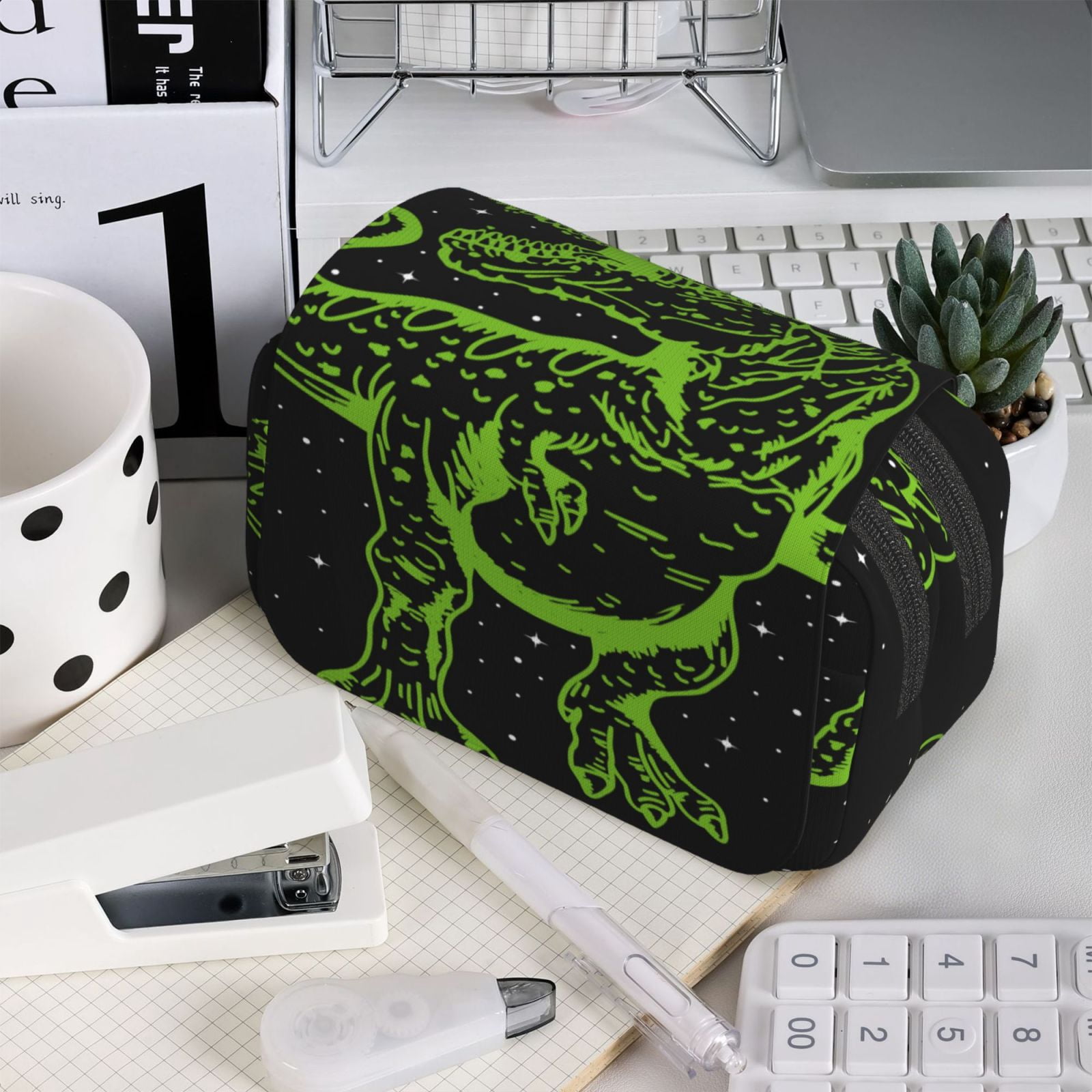 Rateoe DINOSAUR IN SPACE Pattern Double Clamshell Pen Case, Storage Organizer with Two Zipper Compartments– Holds Up to 50 Pencils & Pens