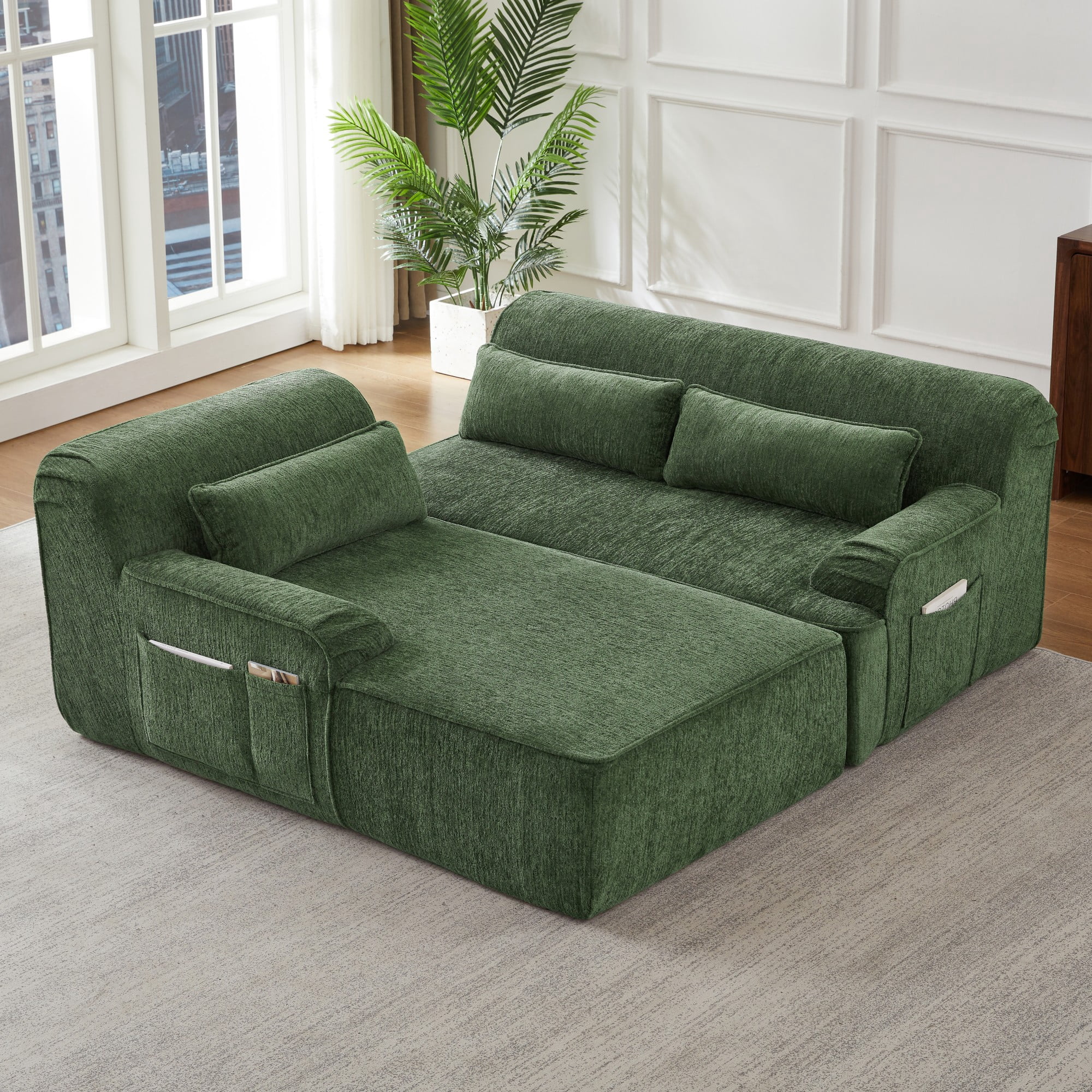 AENKYO Chenille L-Shaped Oversized Sectional Sofa, Minimalist Sleeper Couch for Living Room or Apartment, No Assembly Required (Green,Left-Facing Chaise)