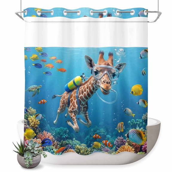 No Hook Shower Curtain, Funny Diving Giraffe Shower Curtains for Bathroom with See Through Top Window, Ocean Coastal Coral Fish Marine Life Waterproof & Washable Bath Curtain Long 72"x78"