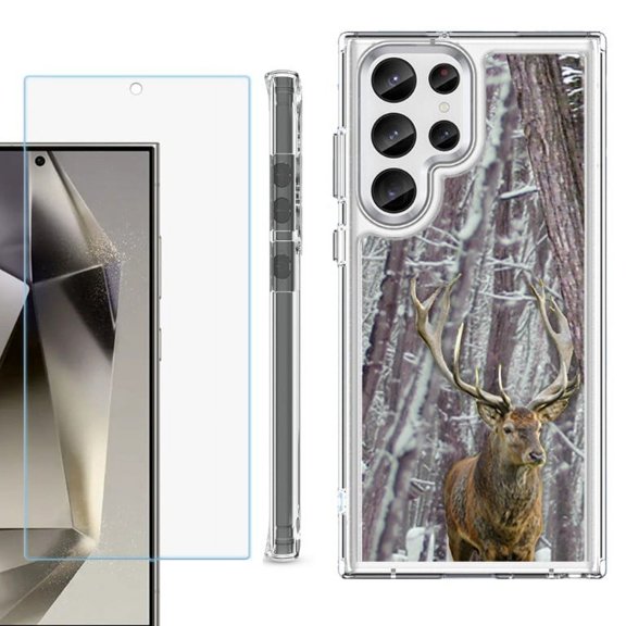OneToughShield ® Case Compatible with Samsung Galaxy S24 Ultra, Shockproof Bumper Phone Case, with Tempered Glass Screen Protector - Deer/Snow/Camo