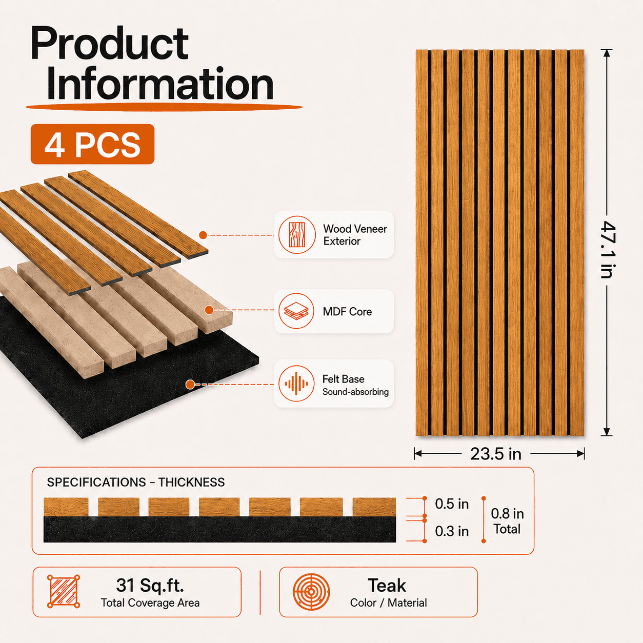 4-Pack Wood Slat Acoustic Wall Panels, 23.5" x 47.1" MDF Slat Wall Paneling for Modern Interior Wall Decor, Sound Absorbing Accent Panels, 31 Sq. Ft,Teak