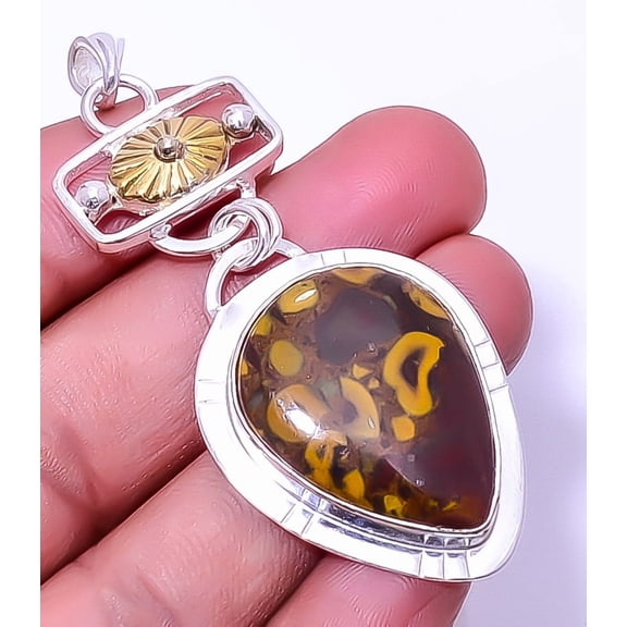 Rhyolite Jasper 925 Sterling Silver Designer Two Tone Pendant 2.54" A364, Christmas Gift, Gemstone Silver Jewelry, Jasper Pendant, New Year Sale