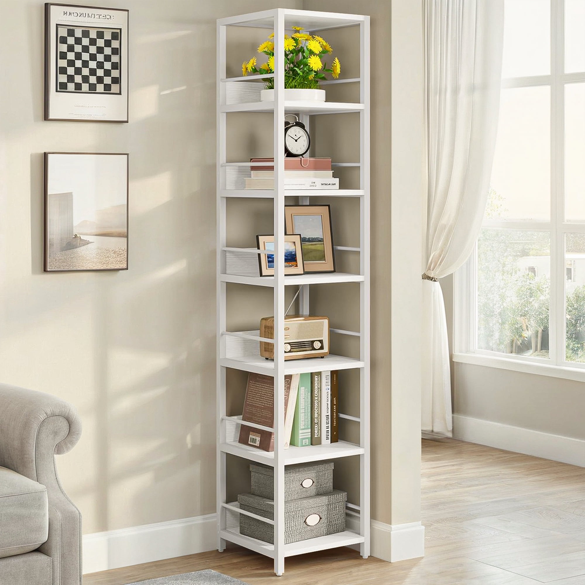 Demi Bonn 6-Tier Corner Shelf, 74" Narrow Etagere Bookshelf Storage Rack for Bedroom, Living Room, White