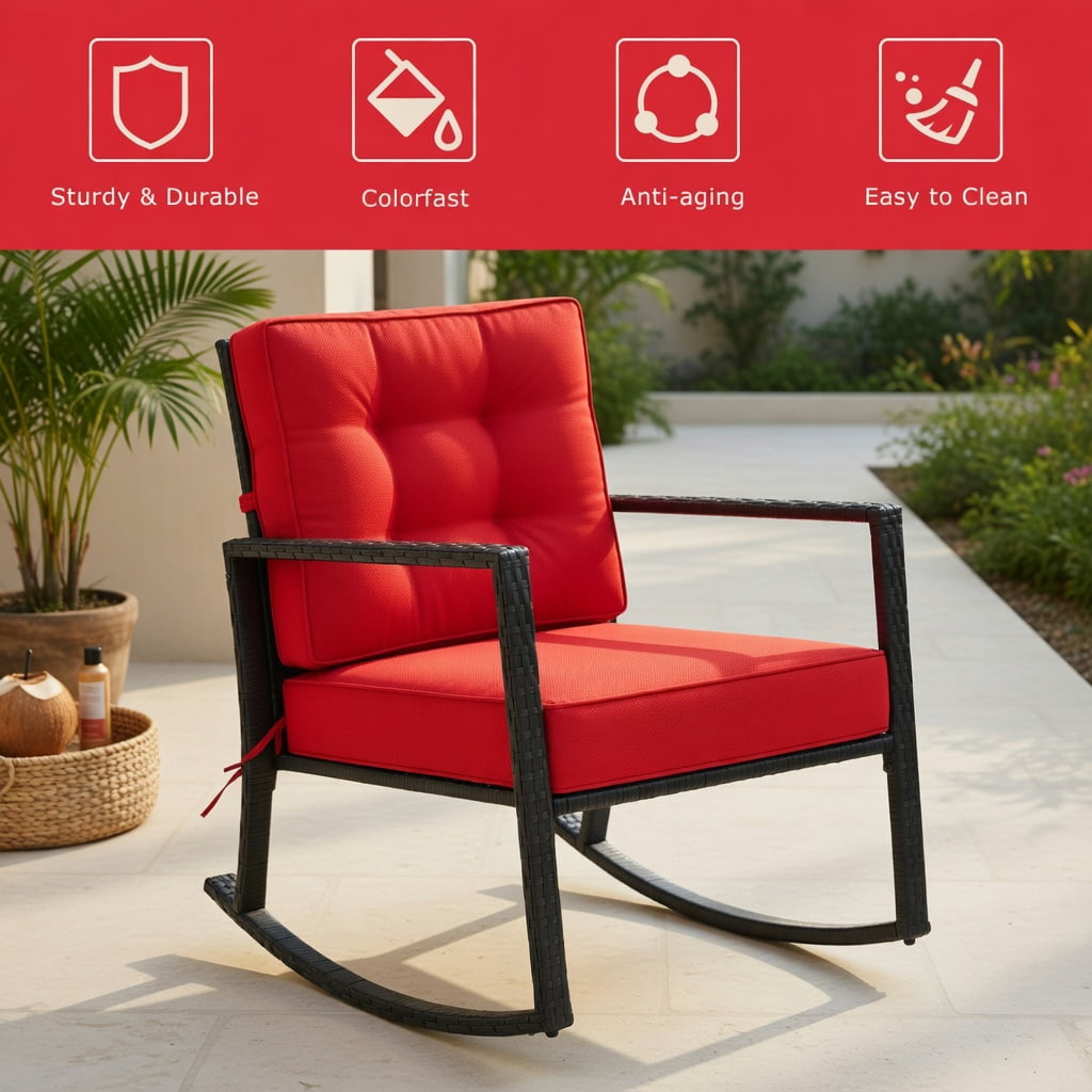 Hommoo Outdoor Rattan Rocking Chair with Thick Cushions, PE Wicker Glider for Patio, Backyard & Deck, Rustic Style, Weather-Resistant, Red