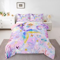 jejeloiu Cute Cartoon Meraid Bedding Comforter Set,Ocean Sea Animal Twin Comforter Sets,Watercolor Coral Shell Bedding Set For Girls,Luxury Bedroom Decor Reversible,2 Pieces