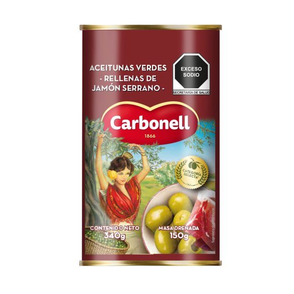Aceitunas Carbonell Verdes Rellenas de Jamón Serrano 340gr
