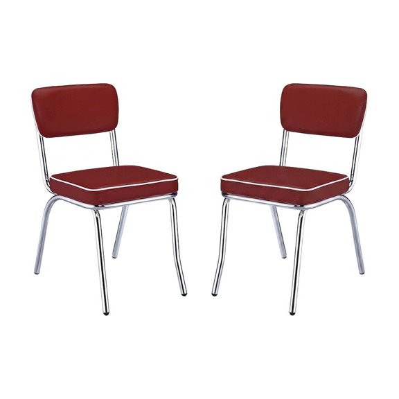 FurniFact Set of 2 Upholstered Dining Chairs in Red with Chrome Legs for Dining