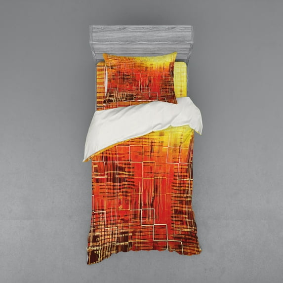 Ambesonne Orange Bedding Set 3 Pcs, Grunge Retro Mosaic, Twin, Orange Yellow