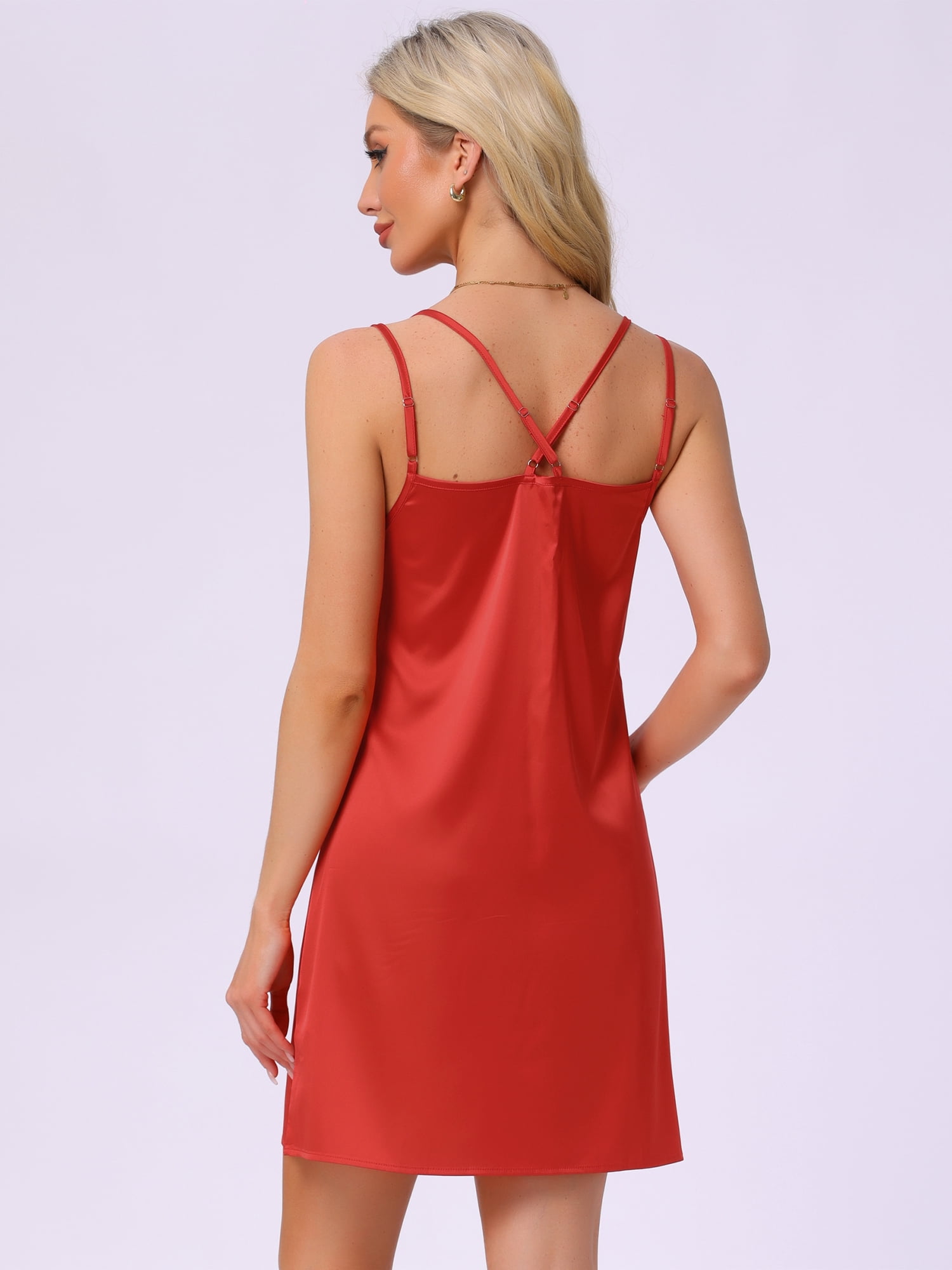 DARING DIVA Women's Satin Slip Double Strap Racerback Silky Night Dress L Red