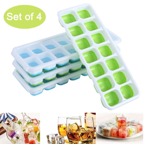 Paquete de 4 bandejas para cubitos de hielo, bandejas flexibles y de fácil liberación con tapa extraíble resistente a derrames, apilables, duraderas y aptas para lavavajillas Ormromra 2033772-3