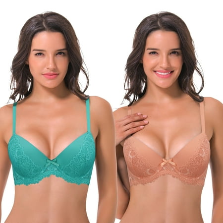 Curve Muse Womens Plus Size Lightly Padded Underwire Balconette Bra -2PK-Light Brown Blue/Green-44B