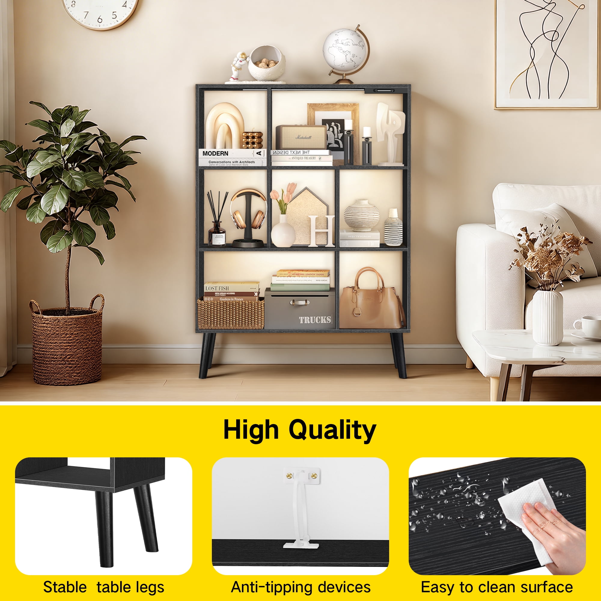 OUTONLIFE 7 Cube Storage Organizer,Open Bookshelf with Lights,Cube Storage Bookcase,Wood Bookcase for Living Room Office,Black