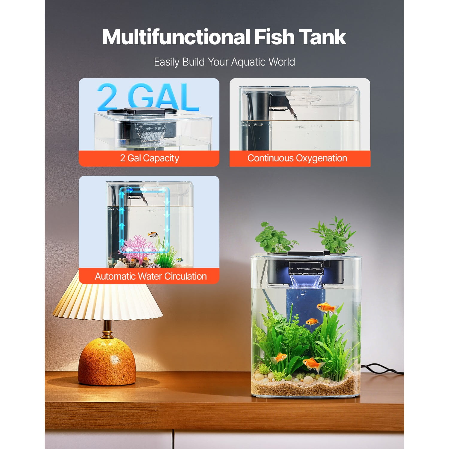 LINJH Small Fish Tank 2 gal Plastic Aquarium Starter Self Cleaning LED Light
