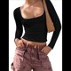 thumbnail image 1 of Camisas de Larga para Mujer, Tops Cortos, Moda de Otoño 2025, Cuello Cuadrado, Camisetas Básicas para Salir, Ropa Y2K Negro M, 1 of 7