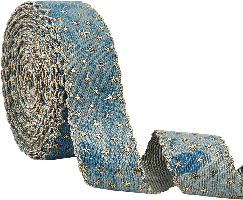 14 Yards Marine Blue Denim Trim Fabric Blue Jean Wired Edge Ribbon Gold Foil Star Denim Ribbon