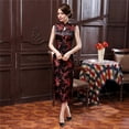 thumbnail image 4 of Women Summer Cheongsam Stand Collar Floral Print Hollow Out Split Hem Sleeveless Qipao Slim Fit Retro Chinese Style Mid-calf Length Wedding Party Cocktail Dress, 4 of 7