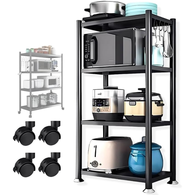de Cocina Metálico 4 Niveles 4 Ruedas - Carrito Organizador de Metalico Multiuso, Estantería Acero Regulable, Ganchos Incluidos, Antideslizantes, para Oficina, Baño (4 Capas, Negro)