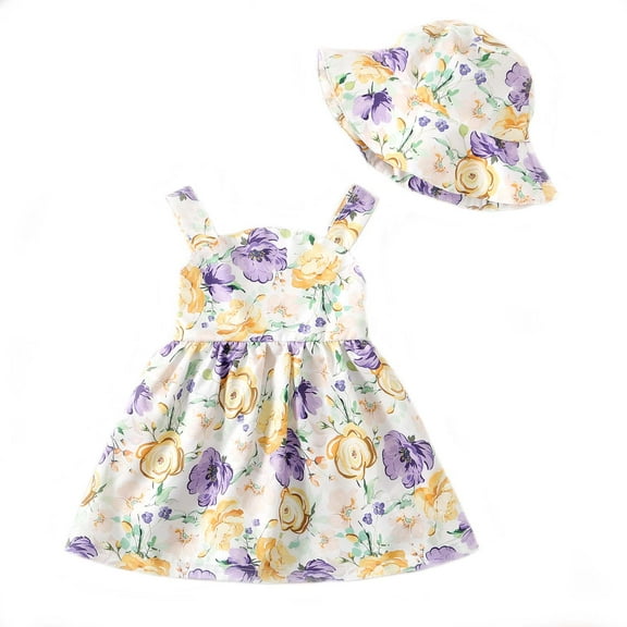 Kucnuzki Newborn Baby Girls Dress 0-3 Months Summer Clothes Sleeveless Off-the-shoulder Dress Floral A-line Dress Bow Expose Back Cute One-piece Overalls with Hat 2pcs Purple