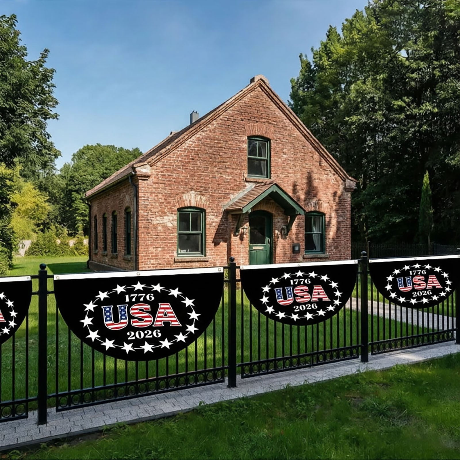 Patriotic Half-Round Bunting Banner 1776-2026 Polyester Flag with Metal Grommets 4th of July USA 250th Anniversary Decoration for Independence Day Fence and Outdoor Decor