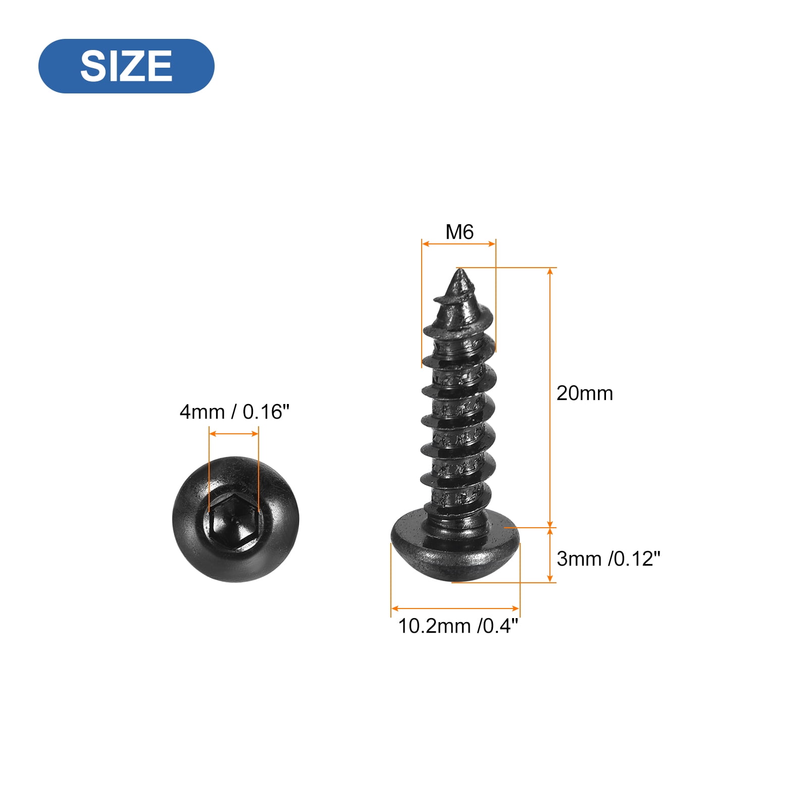 Uxcell Hex Socket Self Tapping Screws, M6 x 20mm Carbon Steel Wood Screw 200pack
