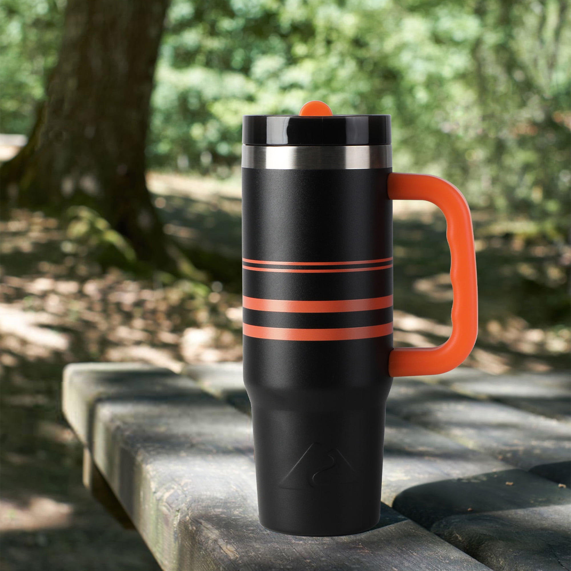 Ozark Trail 30 oz Stainless Steel Insulated Varsity Tumbler with Handle, Black and Orange Stripe