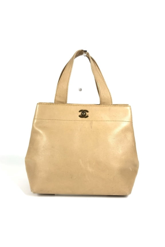 Pre-Owned CHANEL Turnlock CC Coco Mark Tote Bag, Leather, Beige, Women's (Good)