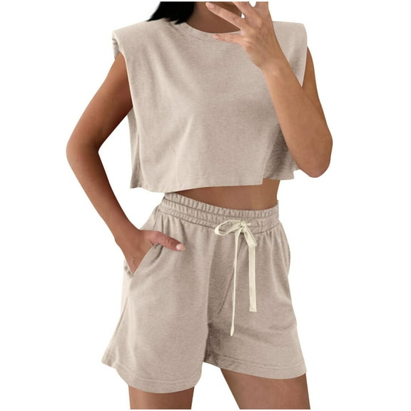 Outfits Set for Women Long Sleeve Sets Women 2 Piece Outfits Shoulder Padded Top Shorts Two piece Set Sleeveless Round Neck Top shirt Set my order history