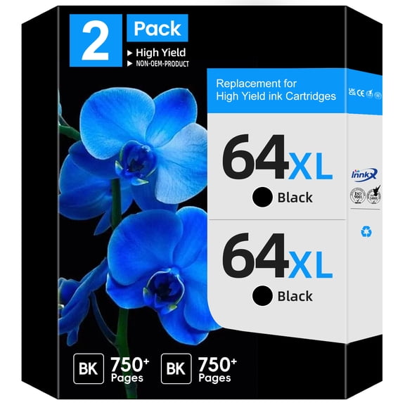 64XL 64 Ink Cartridges, Compatible for HP 64 Black Ink Cartridges, 2 Pack
